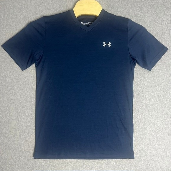 Under Armour Men's Navy Blue HeatGear V Neck Training Athletic Shirt Size Small - Picture 1 of 6